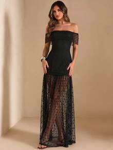 SHEIN BAE Vestido negro con volantes y hombros descubiertos de malla con lunares - Negro - Ver 3