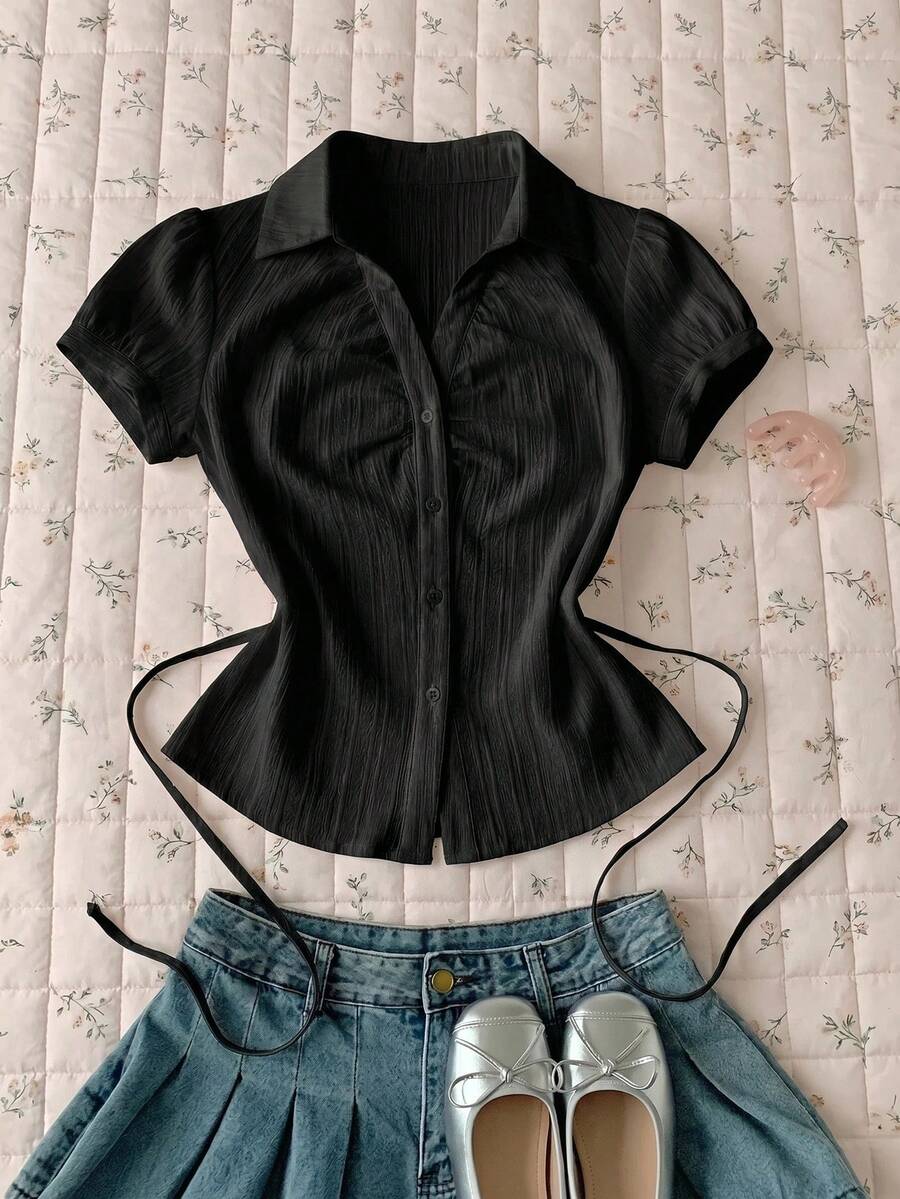CovetEZ Women's Solid Color Regular Shoulder Short Sleeve Front Button Down Fitted Shirt, Summer Top, Black - Black - View 1
