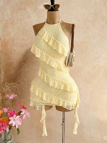 Soleia Women's Fashion Versatile Lace Ribbon Ruffle Hem Halter Neck Tie Dress,Dresses For Women Summer - Khaki - View 10
