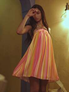 MUSERA Stripe Halterneck Flowy Mini Summer Dress Spring Summer Cosy Cute Daily Girly Vacation Sunlight Social - Pink - View 2
