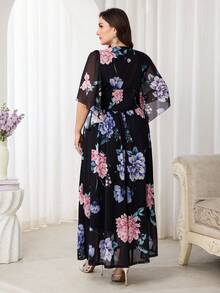Modelyn 大码女式印花V领褶皱优雅连衣裙 - 彩色 - 查看 3