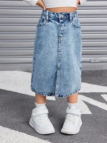 SHEIN Váy ngắn denim có túi thời trang cho bé gái - Rửa nhẹ - Xem 4