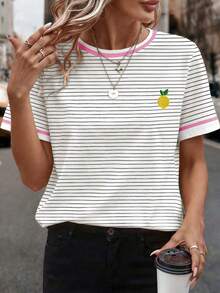 EMERY ROSE Kaos Kasual Musim Panas Ukuran Besar Motif Garis-garis Lemon - MultiWarna - View 1