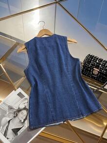 GlowEve Áo khoác gile denim nữ cài một hàng khuy bằng kim loại, kiểu dáng thường ngày. - Rửa tối - Xem 4