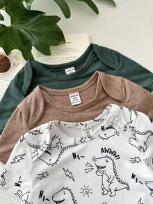 LMoss Kids 3pcs Baby Boy Knitted Solid Color Dinosaur Pattern Round Neck Casual Romper Set - Multicolor - View 7