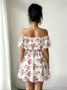 Elenzga Women's Floral Print Off-Shoulder Ruffle Hem Vacation Dress - White - View 2