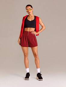 GLOWMODE VitalSwift Tummy Control High-Waisted A-Line Shorts With Built-In Shorts Contrast Zipper Pocket Casual Gym Summer Quick Dry - Maroon - View 8