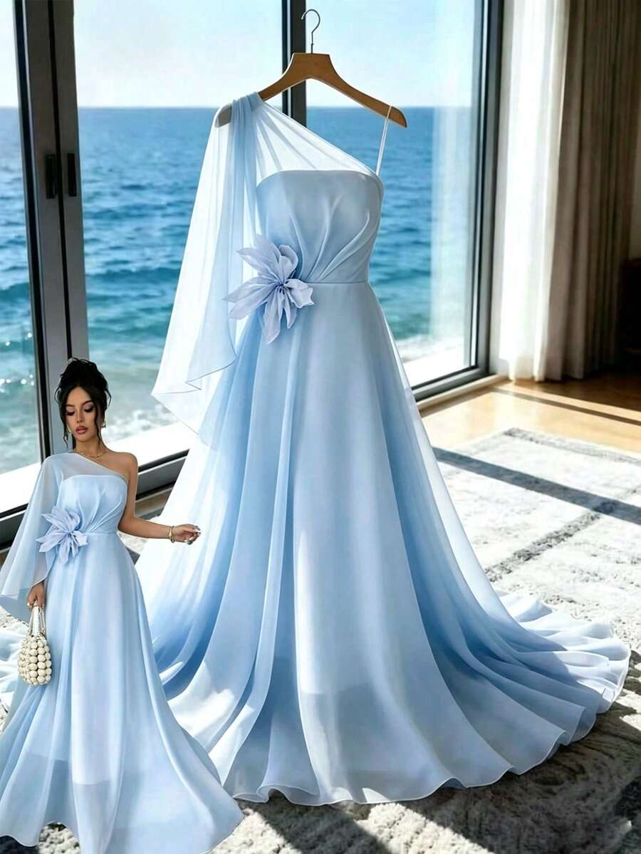 Elenzga 轻盈透视不对称肩披式连衣裙,饰有3D立体花卉图案,A字型长款礼服,浪漫双层网纱面料,优雅无袖抹胸连衣裙,适合婚礼、度假等场合。 - 藍色 - 查看 1