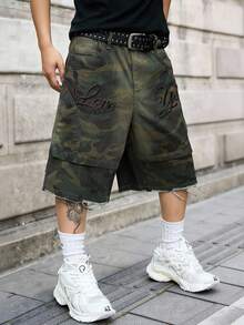 Manfinity EMRG Men's Casual Multi-Pocket Embroidered Cargo Camo Denim Shorts, Street Fashion - Army Green - View 8