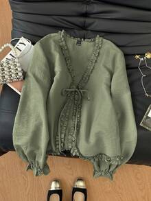 SHEIN Frenchy Blusa de manga larga con volantes de unicolor para mujer - Verde - Ver 1