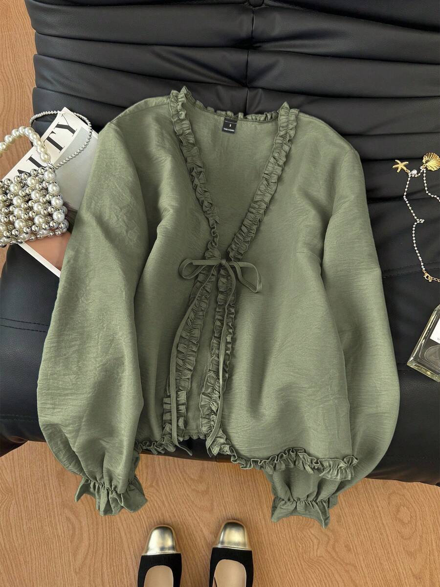 SHEIN Frenchy Blusa de manga larga con volantes de unicolor para mujer - Verde - Ver 1