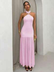 xheSHEIN Glamour Vestido elegante con cuello halter vintage para resaltar los hombros y el cuello, diseño sin espalda que destaca la belleza de la espalda, silueta de parte superior ajustada + falda plisada de cintura alta, tela elástica de la parte superior que se ajusta cómodamente a la figura, material plisado y liviano de la falda con excelente caída y fluidez para un movimiento dinámico, vestido formal largo para mujeres adecuado para galas, banquetes, alfombras rojas, citas y talla grandexhe - Rosa - Ver 8