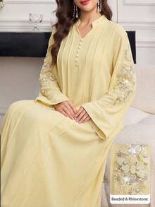 Al Najma Beaded Collar Floral Decor Contrast Trim Notched Neck Long Sleeve Dress - Yellow - View 3