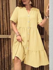 EMERY ROSE Plus Size Women Solid Color Short Sleeve Single-Breasted Casual Dress - Light Yellow - View 3