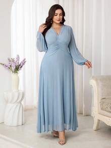 Modelyn Plus Size Women Contrast Lace V-Neck Lantern Sleeve Elegant Dress - Mint Blue - View 5