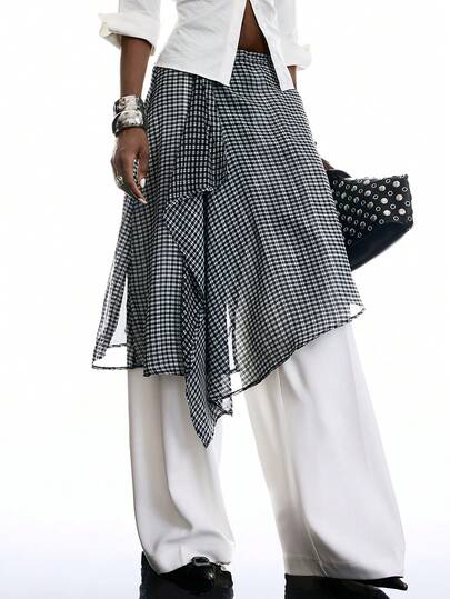 LYSMO 2026 New Arrive Minimalism Spring/Summer Women's Casual Plaid Asymmetric Hem Skirt, Summer