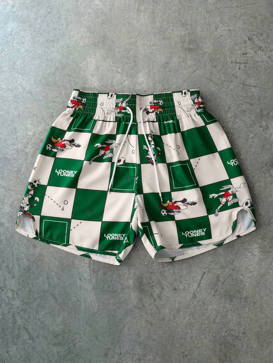 LOONEY TUNES X SHEIN PAVTROS Quần short nam kẻ caro dáng rộng, có dây rút, thích hợp cho mùa hè. - Nhiều màu - Xem 1