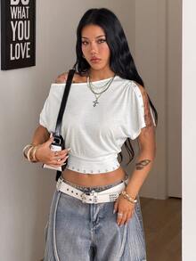 Coolane Women's Summer Music Festival Streetwear Daily Wear Casual Y2k Stretchy Grommet Eyelet Fitted White Asymmetrical Neck Tighten The Waist Short T-Shirt,Summer Top - White - View 5