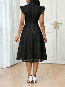 SHEIN Lady Women's Elegant Black Lace Midi Dress With Ruffle Sleeves And Button Detail Perfect For Evening Dinner Tea Party Date Events Office Party Summer - Black - View 2