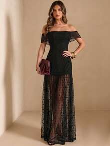 SHEIN BAE Vestido negro con volantes y hombros descubiertos de malla con lunares - Negro - Ver 5