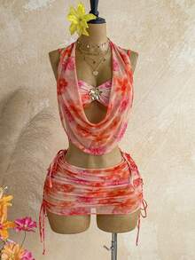 Soleia Orange Digital Print Bikini Set, Includes Bikini Top And Sheer Sarong Skirt, Sexy - Multicolor - View 1