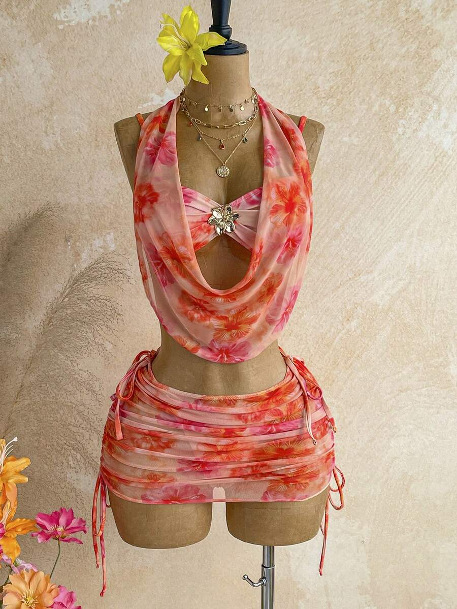Soleia Orange Digital Print Bikini Set, Includes Bikini Top And Sheer Sarong Skirt, Sexy - Multicolor - View 1