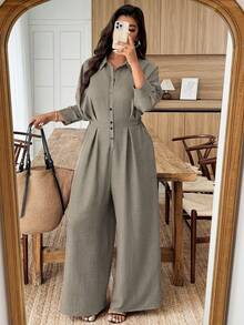 Weeklong Plus Size Women's Collared Jumpsuit With Ruffle Cuff Mid-Sleeve Cinched Waist, Casual & Office Wear - Army Green - View 1
