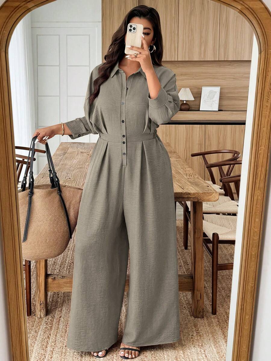 Weeklong Plus Size Women's Collared Jumpsuit With Ruffle Cuff Mid-Sleeve Cinched Waist, Casual & Office Wear - Army Green - View 1