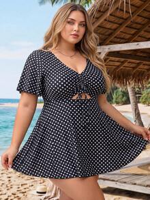 SHEIN CURVE+ 大码女士波点镂空泳装连衣裙和短裤两件套泳衣套装，夏季 - 黑與白 - 查看 4