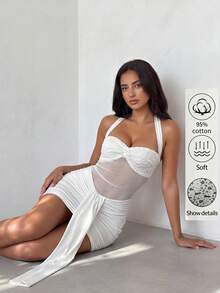 SHEIN Glamour Đầm ôm sát màu trắng cổ yếm ren, đầm lưới xuyên thấu gợi cảm ôm eo, đầm dự tiệc cho các cô gái nóng bỏng, trang phục đi hộp đêm, đầm dự tiệc, đầm hẹn hò lãng mạn, phong cách nghỉ mát thường ngày, trang phục lễ Phục Sinh cho nữ, phong cách thường ngày và thanh lịch. - trắng - Xem 1