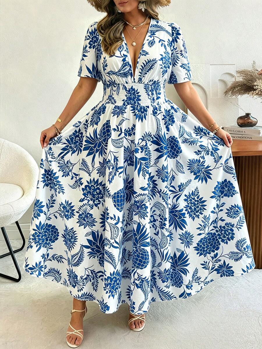 Ceyna 大码女式新款浪漫优雅连衣裙,水果花卉印花沙滩度假短袖连衣裙,女士夏季长裙,褶皱印花连衣裙,夏季长裙 - 藍白色 - 查看 1