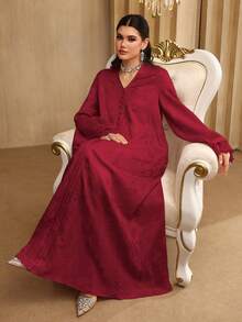 SHEIN Najma 女士V领优雅提花缎带蕾丝拼接长袖喇叭连衣裙 - 紅色 - 查看 7