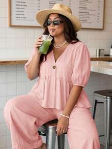 Enliva Plus-Size Women's Ruffled Puff Sleeve Two Pieces Set, V-Neck Cardigan Top And Stretch Waist Trousers Set - Dusty Pink - View 8