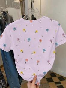 少女休闲清新雏菊碎花短袖圆领紫色T恤，适合夏季日常穿着和外出活动 - 紫色 - 查看 2
