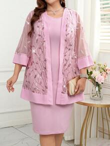 Reflora 2pcs Plus Size Sequin Embroidery Mesh Patchwork Jacket And Dress Set - Pink - View 5
