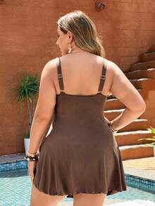 Swim Shayni 2026 New Solid Color Ribbed One-Piece Swimsuit,Removable Padded,Adjustable Strap,Hollow-Out Rope,Waist Ruched,Skirt Bow,Summer,Comfy,Beach,Holiday - Brown - View 2