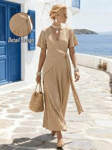 Isle Nomé Women's Solid Color Short Sleeve Dress, Textured Cinched Waist Long Dress, Suitable For Summer Daily Commute, Travel, Date Vacation Khaki Green Casual - Apricot - View 1
