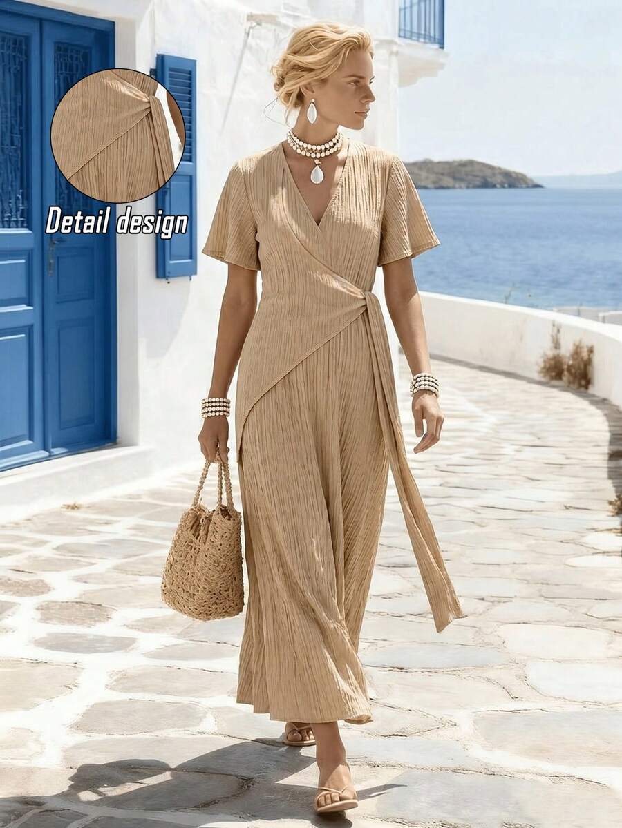 Isle Nomé Women's Solid Color Short Sleeve Dress, Textured Cinched Waist Long Dress, Suitable For Summer Daily Commute, Travel, Date Vacation Khaki Green Casual - Apricot - View 1