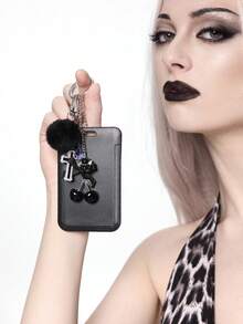 ROMWE Kawaii 1 Y2k Dark Style Gothic Retro Personalized Fashion Black Resin Wings Bear Fish Cake Rhinestone Cross Colorful Star Webbing Bow Cherry Hairball Acrylic Sliding Cover Card Campus Card ID Card Cover Work Card Cover Star Card Cover Travel Traffic Card Cover DIY Keychain Bag Pendant, Suitable For Office Workers, Student Party Girls And Ladies Daily Wear, Holiday Gifts - Black-95 - View 12