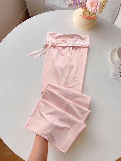 Elamini Women's Low-Waist Flared Lace Bow Decor Pants, Sweet Retro Casual Comfortable Knit Trousers, Pink, Summer