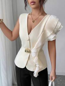 SHEIN Elenzya Áo kiểu thanh lịch có bèo nhún ở eo, thích hợp mặc đi làm hoặc mùa hè. - Màu be - Xem 6