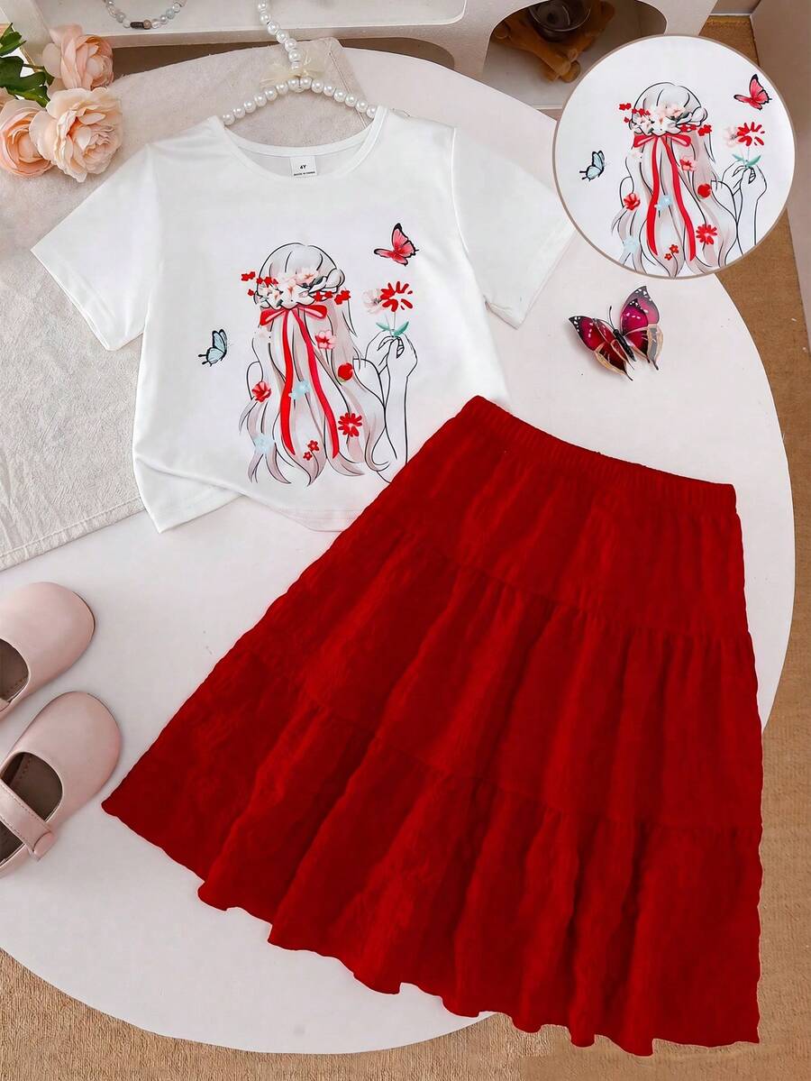 SHEIN Playful Pals Bộ 2 món cho bé gái: Áo ngắn tay màu đỏ và chân váy in hoa dễ thương.