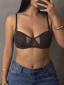 Dazy Plus Sujetador sexy con encaje de contraste y acolchado ligero para mujer de talla grande - Marrón - Ver 3