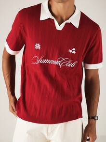 SUMWON Polo de punto con ajuste relajado, cuello y puños en contraste y bordado de logotipo en script - Rojo y blanco - Ver 1
