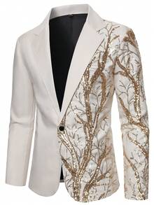 Manfinity Bizformal Men's Sequin Detail Splice Button Long Sleeve Jacket And Pocket Long Pants Suit Set, Ceremony, Formal - Apricot - View 6