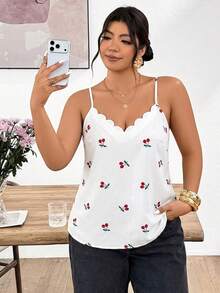 Lounesse Áo camisole cỡ lớn mùa hè in hình quả anh đào viền vỏ sò - trắng - Xem 8