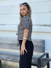Jeta Ari French Elegant Chic Black & White Striped V-Neck Ribbon Tie Decor Regular Women Summer T-Shirt Casual - Black and White - View 6