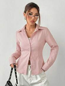 SHEIN EZwear 淡粉色条纹长袖梭织休闲衬衫，女士衬衫领，莲藕粉色条纹梭织前襟纽扣衬衫，女士衬衫，女士纽扣衬衫，女士衬衫，优雅女士衬衫，优雅纽扣衬衫，商务休闲女士衬衫，女士衬衫，优雅 - 藕粉色 - 查看 4