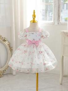 Glamorique Kids 女婴粉色刺绣网纱连衣裙，配腰带和蝴蝶结，无袖/短袖公主裙，适合生日、婚礼、派对、节日等场合。 - 粉色 - 查看 3