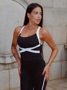 Maju Mazalli Women's Black And White Knitted Jumpsuit With Spaghetti Straps Backless Long Colorblock Design Sports - Black and White - View 3